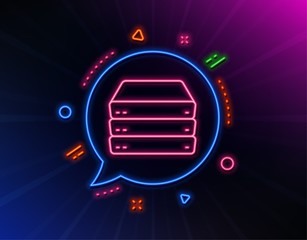 Servers line icon. Neon laser lights. PC component sign. Big data storage symbol. Glow laser speech bubble. Neon lights chat bubble. Banner badge with servers icon. Vector