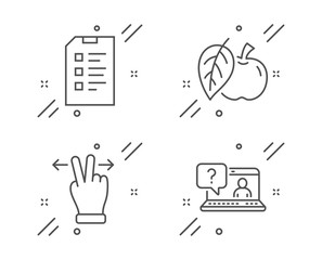 Checklist, Apple and Touchscreen gesture line icons set. Faq sign. Data list, Fruit, Swipe. Web support. Business set. Line checklist outline icon. Vector