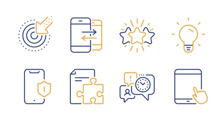 Light bulb, Smartphone protection and Star line icons set. Strategy, Targeting and Phone communication signs. Time management, Tablet pc symbols. Lamp energy, Phone. Technology set. Vector