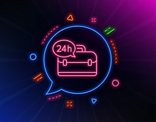 24 hour service line icon. Neon laser lights. Support help sign. Feedback symbol. Glow laser speech bubble. Neon lights chat bubble. Banner badge with 24h service icon. Vector
