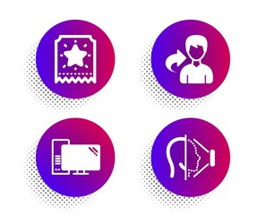 Computer, Share and Loyalty ticket icons simple set. Halftone dots button. Face id sign. Pc component, Male user, Bonus star. Phone scanning. Business set. Classic flat computer icon. Vector