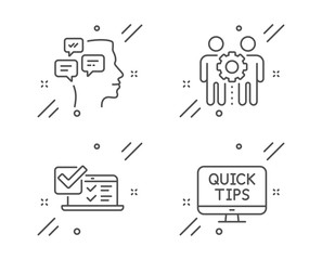 Messages, Employees teamwork and Online survey line icons set. Web tutorials sign. Notifications, Collaboration, Quiz test. Quick tips. Technology set. Line messages outline icon. Vector