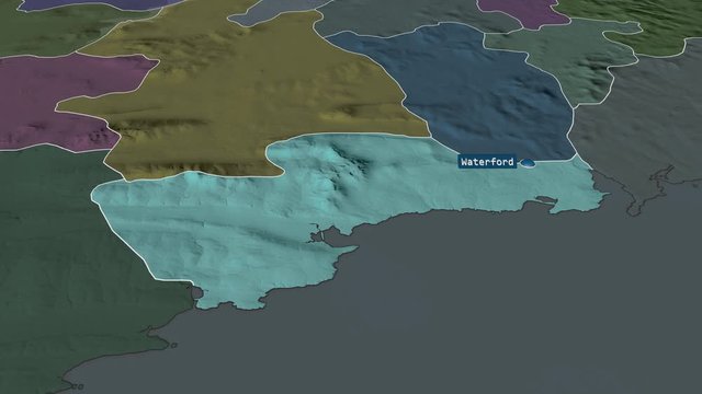 Waterford - county of Ireland with its capital zoomed on the administrative map of the globe. Animation 3D