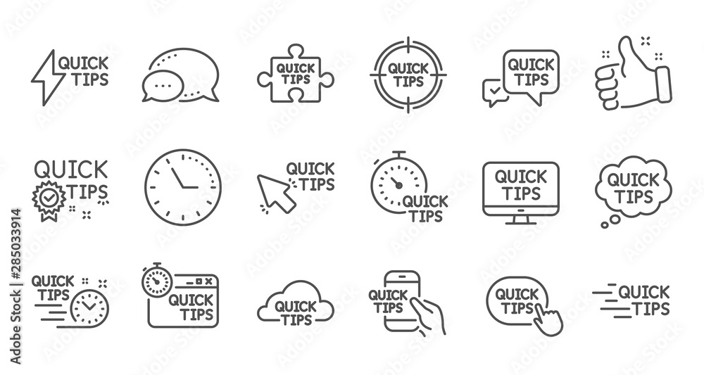 Poster quick tips line icons. helpful tricks, solution and quickstart guide. tutorial linear icon set. qual