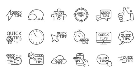 Quick tips line icons. Helpful tricks, Solution and Quickstart guide. Tutorial linear icon set. Quality line set. Vector