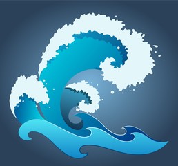a blue vector wave with foam, drops and splashes