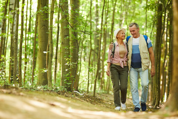 Senior happy couple embracing each other and walking along the footpath during their hike in the forest in summer day