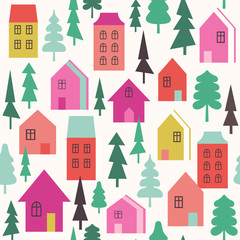 Seamless vector pattern with houses and trees. Bright illustration with town.