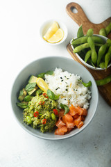 Rice bowl with smoked salmon and avocado