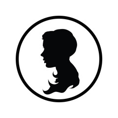 Vector silhouette of portrait woman on white background. Symbol of girl, face, beauty, elegant. Logo in round frame.
