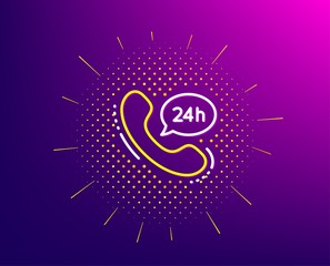 24 hour service line icon. Halftone pattern. Call support sign. Feedback chat symbol. Gradient background. 24h service line icon. Yellow halftone pattern. Vector