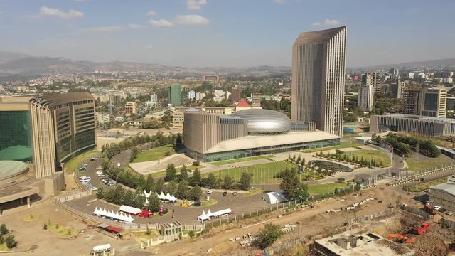 China Africa relations - aerial view of African Union conference center in Addis Ababa, Ethiopia