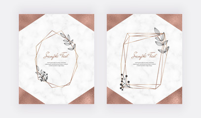 Cover marble cards with golden and foil geometric design, polygonal lines frames and black leaves. Template for wedding invitation, blog posts, banner, card, save the date, poster, flyer	