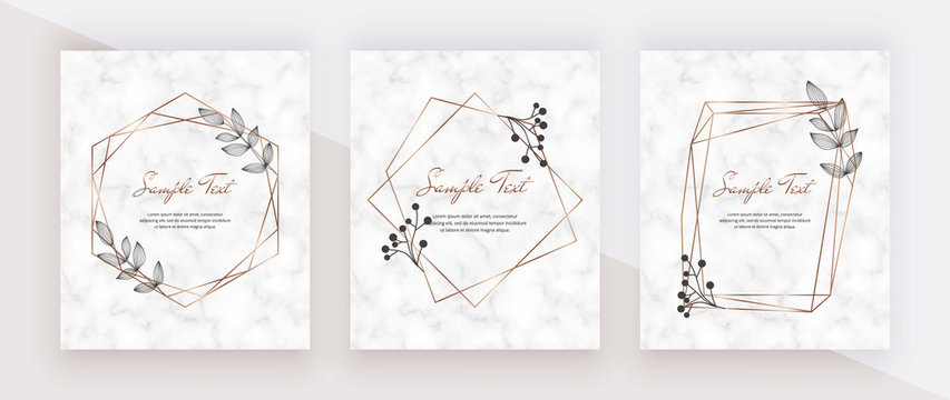 Wedding invitation marble cards with golden geometric polygonal lines frames and black leaves. Decorative lines borders. Template for blog posts, banner, card, save the date, poster, flyer	