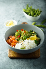 Rice bowl with smoked salmon and avocado