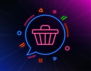 Shopping cart line icon. Neon laser lights. Online buying sign. Supermarket basket symbol. Glow laser speech bubble. Neon lights chat bubble. Banner badge with shop cart icon. Vector