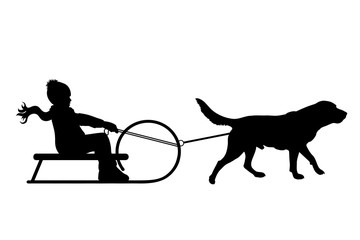 Vector silhouette of child who pulls dog on slegde on white badkground. Symbol of animal, pet, friends,winter, funny.