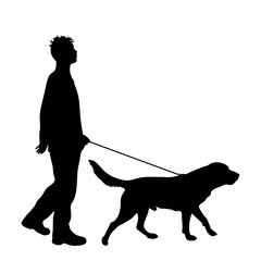 Vector silhouette of man who walk with his dog with leash on white badkground. Symbol of animal, pet, friends,walk.