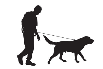 Vector silhouette of man who walk with his dog with leash on white badkground. Symbol of animal, pet, friends,walk. - 285036322