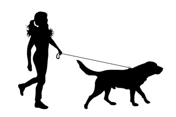 Vector silhouette of child who walk with her dog with leash on white badkground. Symbol of animal, pet, friends,walk.