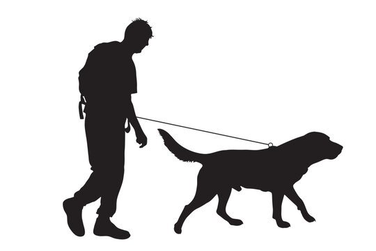 Vector silhouette of man who walk with his dog with leash on white badkground. Symbol of animal, pet, friends,walk.
