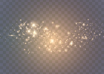 The dust sparks and golden stars shine with special light. Vector sparkles on a transparent background. Christmas light effect. Sparkling magical dust particles.