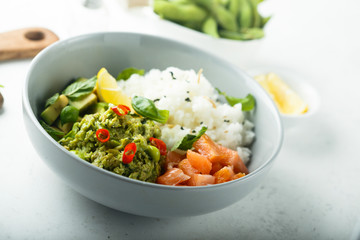 Rice bowl with smoked salmon and avocado