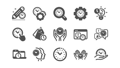 Time management icons. Clock, timer plan and project deadline signs. Countdown clock and appointment reminder icons. Classic set. Quality set. Vector