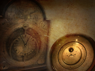 Vintage Steampunk clock background, dark old retro canvas paper map