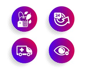 Ambulance emergency, Mint bag and 24 hours icons simple set. Halftone dots button. Myopia sign. Medical transport, Mentha tea, Repeat. Eye vision. Medical set. Vector