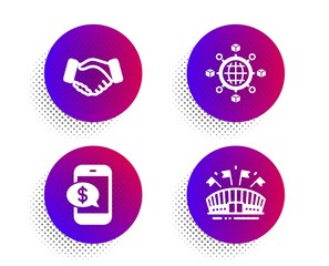 Handshake, Logistics network and Phone payment icons simple set. Halftone dots button. Sports arena sign. Deal hand, International tracking, Mobile pay. Event stadium. Business set. Vector