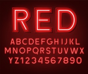 Neon glowing red 3d letters and numbers on a dark background. © TanyaFox