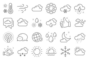 Weather and forecast line icons. Cloudy sky, winter snowflake, thermometer. Moon night, rain and sunset icons. Weather temperature, meteorology forecast and wind, thunder bolt. Line signs set. Vector