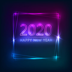 Happy New Year 2020 neon background. Happy New Year 2020 winter holiday greeting card design template. Vector illustration.