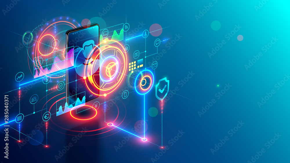 Poster internet mobile banking isometric concept. online bank on phone. safety web payment through mobile a