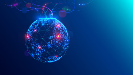 Christmas ball on close up tree in electronic, communication technology style. Global internet, network concept illustration. Tech digital template of greeting card happy new year, merry christmas.
