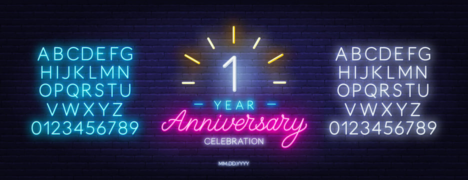 First anniversary celebration neon sign on dark background. Neon alphabet . Template for invitation or greeting card.