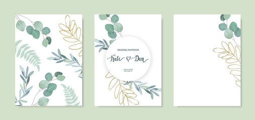 Set of floral card with eucalyptus leaves and gold elements. Greenery frame. Rustic style. For wedding, birthday, party, save the date. Vector illustration. Watercolor style © natikka