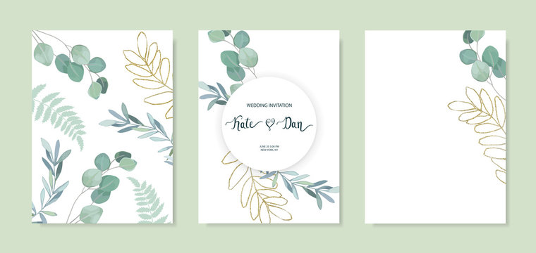Set of floral card with eucalyptus leaves and gold elements. Greenery frame. Rustic style. For wedding, birthday, party, save the date. Vector illustration. Watercolor style