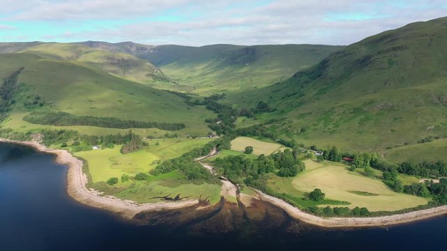Aerial view of picturesque landscape of Scottish Highlands around Loch Eil/Linnhe, scenery with lush green hills - panorama of Highlands of Scotland from above, United Kingdom, Great Britain, Europe