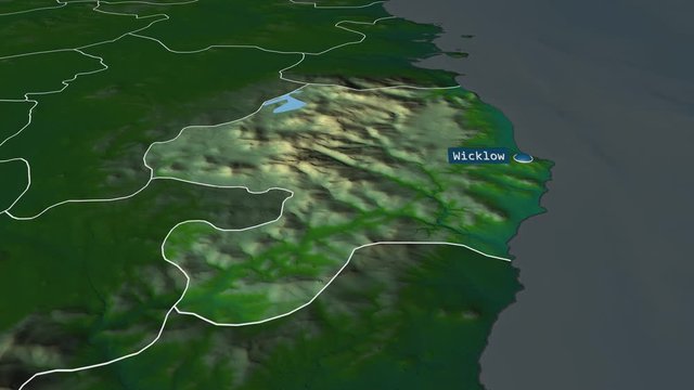 Wicklow - county of Ireland with its capital zoomed on the physical map of the globe. Animation 3D