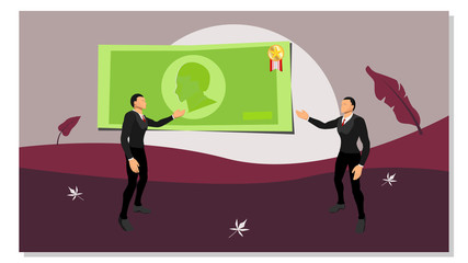 two business people are discussing about money. vector of business people character with money in the park area.