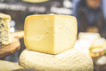 Different types of cheese, brie, blue,gorgonzola,goat, parmezan on wooden table.Street food festival