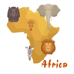 Africa animals map or continent vector illustration. Lion, elephant, zebra and giraffe cartoon savanna african animals heads on yellow Africa. Education, travelling, continents, maps.