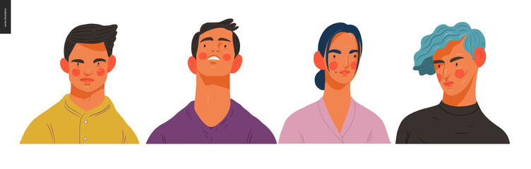 Fototapeta premium Real people portraits set - hand drawn flat style vector design concept illustration of men and women, male and female faces and shoulders avatars. Flat style vector icons set