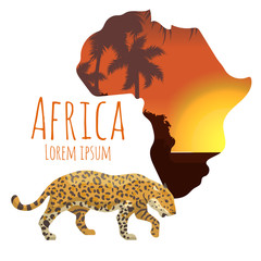 Sunset Africa continent with gepard vector illustration. Orange and black silhouette of map of Africa, cartoon wild african gepard for infographic or poster. © creativeteam