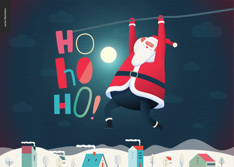 Hanging Santa Claus - Christmas and New Year greeting card - modern flat vector concept illustration of Santa Claus hanging on his hands over the snow-covered landscape, stars and snow golden elements