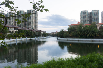 Beautiful cityscape with a lake. Lingshui, Hainan, China