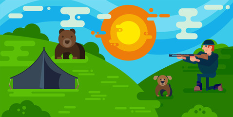Bear hunting vector illustration. Hunter with dog and bear cartoon characters. Trophy hunt prey of bear for hunting season. Sport adventure.