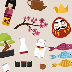 Japanese symbols of luck vector pattern. Japanese dolls - kokeshi that bring good luck, prosperity and wealth, cat, fish and bonsai cartoon illustration.